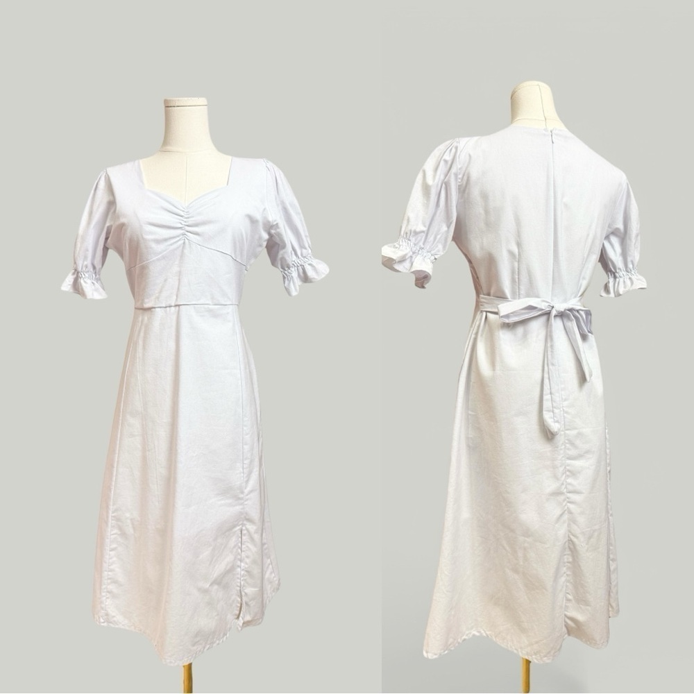 White Puff Sleeves Sweetheart Neckline Cotton Midi Dress Women Size Medium